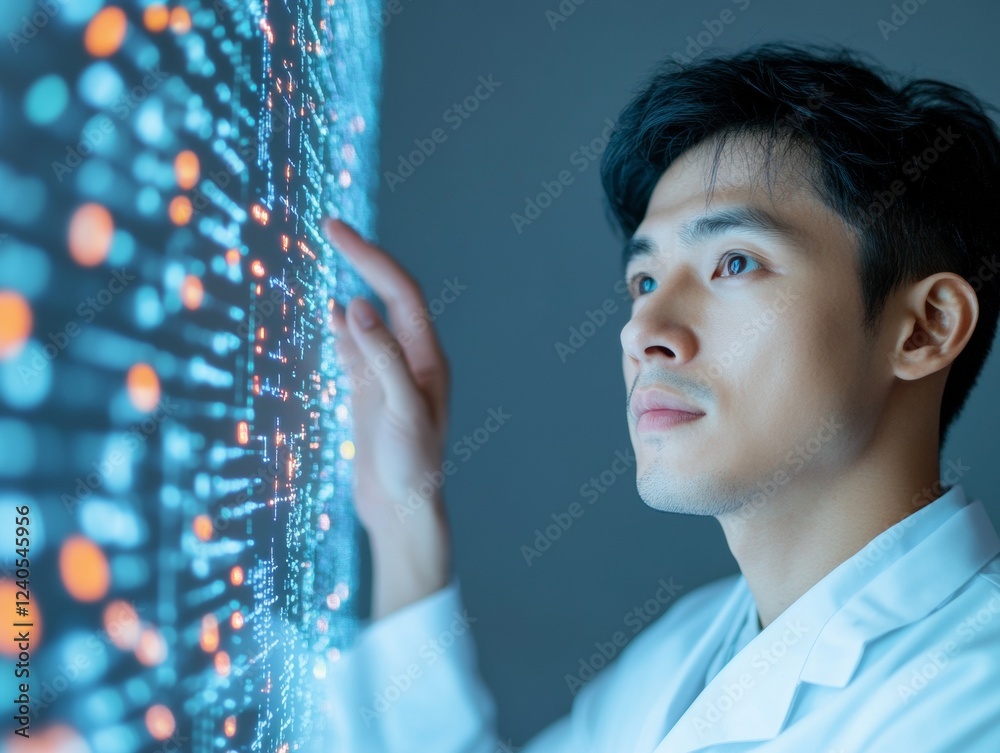 Poster futuristic tech vision asian male innovator in lab coat analyzing digital schematics on interactive 