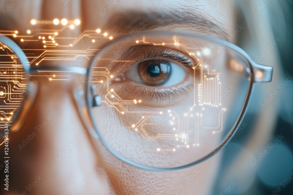 Aufkleber ai-augmented vision middle eastern innovator, 40, in smart glasses analyzes microchiptransforming te