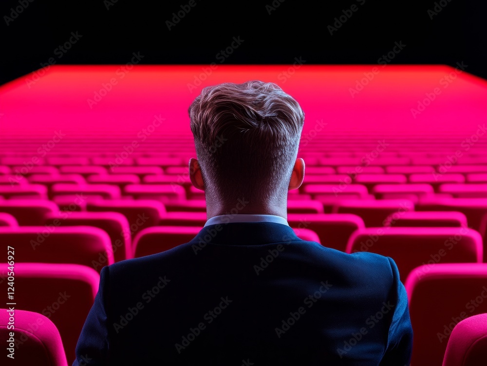 Aufkleber retro futurism in educational spaces professional speaker in vibrant pink auditorium - inspiring kno