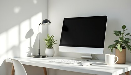 Fototapeta premium Minimalist workspace with a clean desk placed by a computer, a coffee cup, a lamp and a potted plant with natural light through the white wall, interior home decoration design
