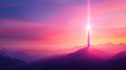Fototapeta premium Pink and purple sunset over a mountain range, a tall, slender structure emits a bright beam of light, creating a surreal and hopeful atmosphere.