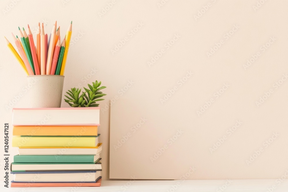 Poster Minimalist Home Study Setup Vibrant Notebooks and Pencils with Laptop for Virtual Learning - Ideal Back-to-School Workspace for Creative Education