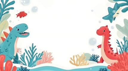 Colorful underwater scene featuring cartoon dinosaurs and marine life surrounded by corals and bubbles