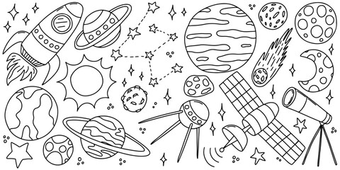 Space doodle set in hand drawn style. Vector space elements, rocket, planets, stars, asteroids, ufo set © Александра Кириченко