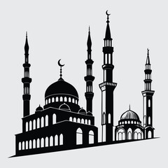 Multiple mosques with different minaret designs in a row.Silhouettes image vector art and illustration
