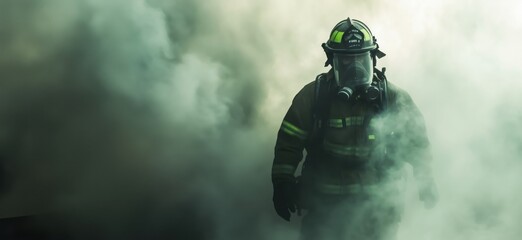 Firefighter in Smoke, Heroic Figure in Protective Gear, Battling Flames, Emergency Response, Courageous Action, Fire Safety, Smoke-filled Environment, copy space for text