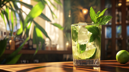 A classic Mojito cocktail served in a glass with mint leaves, lime, and ice cubes, placed on a wooden bar counter with an elegant tropical bar setup in the background.