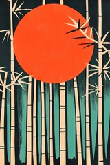 Vibrant Sun Over Bamboo Forest Painted in Minimalist Style. Contrasting vibrant colors highlight the natural beauty in a tranquil, timeless, and iconic artistic style. Vertical wallpaper.