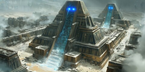 Mysterious Ancient Pyramid with Glowing Blue Lights in Misty Desert Landscape - Enigmatic Architecture, Ancient Civilization, Mystical Glow, Desert Fog, Fantasy Art