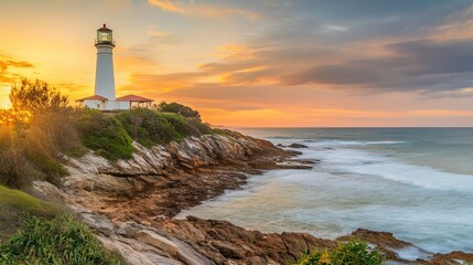 Serene Lighthouse at Sunset Over Calm Ocean Waves and Rocky Shoreline