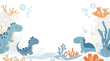 Playful cartoon dinosaurs swimming among colorful corals and bubbles in a vibrant underwater scene