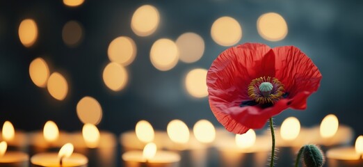 Poppy flower illuminated by soft candlelight, creating a serene and contemplative atmosphere with blurred bokeh background, copy space for text