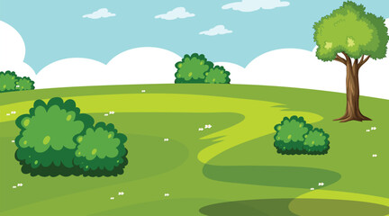 Spring mountain landscape with lake and colorful flowers. Vector cartoon illustration of majestic rocky peaks, green hills and valley, blue pond under sunny sky with clouds.