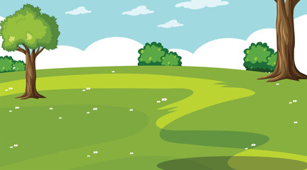 Obraz premium Spring mountain landscape with lake and colorful flowers. Vector cartoon illustration of majestic rocky peaks, green hills and valley, blue pond under sunny sky with clouds. Vacation banner design