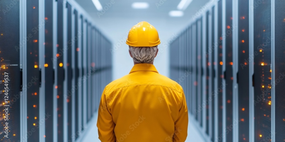 Aufkleber Industrial-Chic Data Center Imagery Professional in Hard Hat Amid Rows of Glowing Servers - Efficiency and Security Solutions for Tech Industry and Enterprise Infrastructure