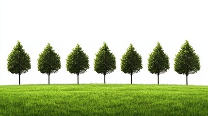 Obraz premium Rows of Lush Green Trees in Serene Forest Setting on White Background for Tranquil Imagery