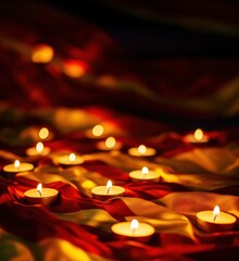 Candles Illuminating Vibrant Red and Yellow Fabric, Symbolizing Celebration and Remembrance, copy space for text