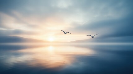 Obraz premium Serene Sunrise Over Calm Waters with Flying Birds and Reflections