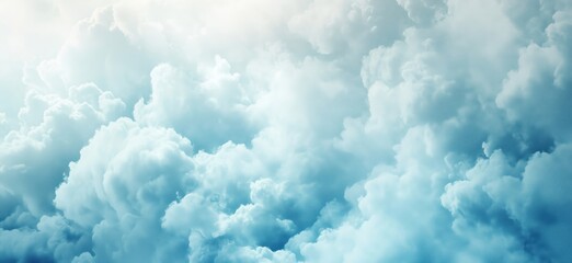 Fluffy white clouds in a serene blue sky, creating a tranquil atmosphere with soft light and depth, ideal for backgrounds and nature themes, copy space for text