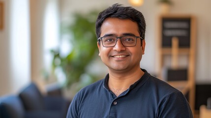 Obraz premium Indian Man Smiling in Modern Office Environment with Natural Light and Green Plants
