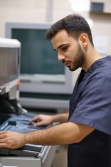 Middle Eastern Man Configuring High Precision Medical Equipment in a Clinical Setting