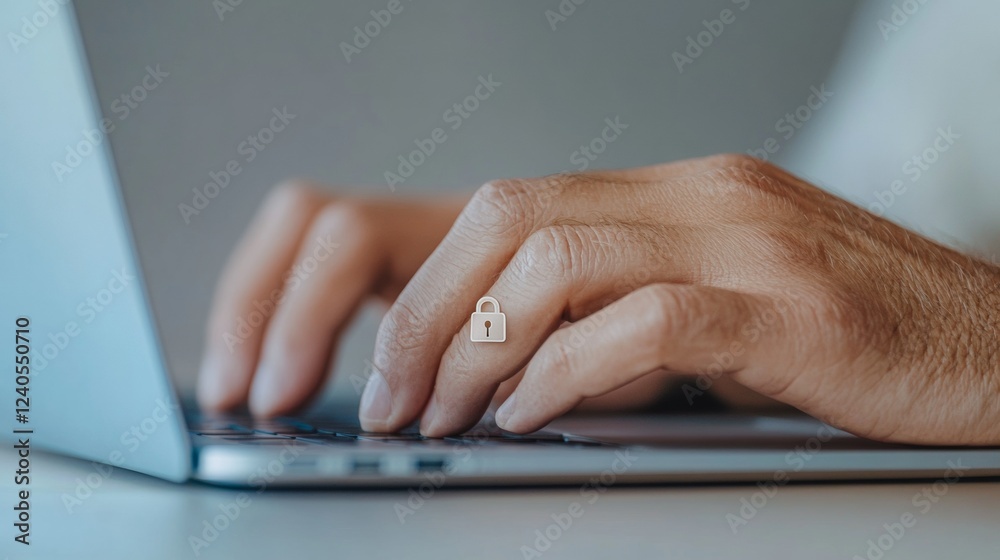 Poster Minimalist Cybersecurity Interface Sleek Laptop Typing with Digital Padlock Icon - Secure Tech Solutions for Corporate Offices and Data Protection Strategies