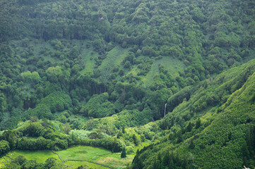 Obraz premium Aerial view of waterfalls on Flores Island, Azores, Portugal. Waterfall with tropical green vegetation and forests. Travel destination. Hiking on Azores Islands.