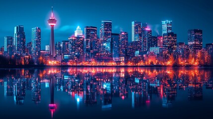 Fototapeta premium Calgary skyline night cityscape reflection, urban panorama, website banner
