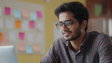 Fototapeta premium Indian Man Designing Marketing Materials for Technology Business with Creative Approach