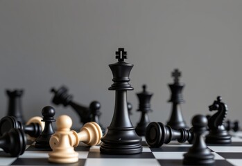 A chess king stands tall and resolute amidst a sea of white pawns on a chessboard, symbolizing leadership and strategy.