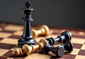 A chess king stands tall and resolute amidst a sea of white pawns on a chessboard, symbolizing leadership and strategy.