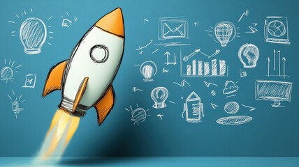 Naklejka premium Rocket sketch launching in business context creative design digital workspace inspirational ideas