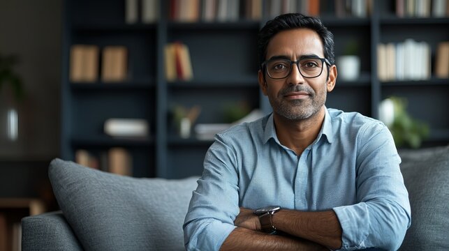 Indian Man in Casual Attire Sitting on Sofa in Modern Living Room During Live Session
