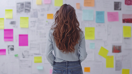 Woman Analyzing Drafts with Sticky Notes in Creative Workspace for MVP Development