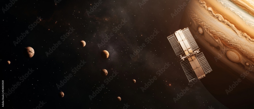 Aufkleber futuristic satellite design sleek metallic probe orbiting jupiters moons under cosmic dust for advan