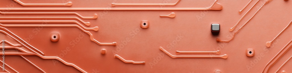 Fototapete Minimalist Circuit Board Aesthetic Red Metallic Pattern with Interconnected Nodes - Tech Futurism Visual for IT Infrastructure and Scalable Network Solutions