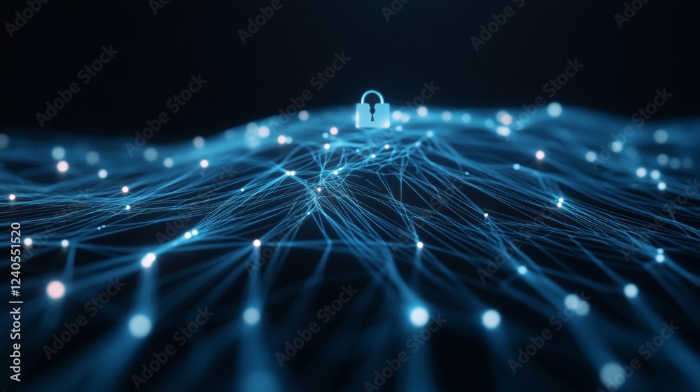Aufkleber Glowing Digital Network Art Blue Lines and Open Padlock Symbolizing Transparency for Modern Tech Solutions and Global Information Flow in Business Analytics