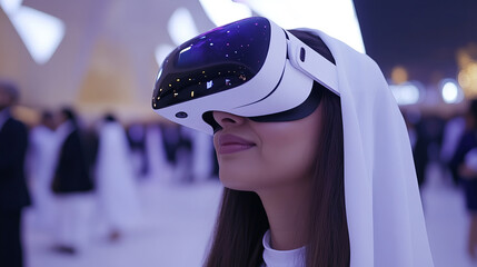 Middle Eastern Woman Experiencing Virtual Reality Technology at Startup Event