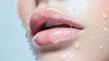 Fototapeta premium High-Gloss Lip Texture Water-Drop Enhanced Close-Up for Beauty Tech Brands - Modern Marketing and Skincare Innovation in Digital Advertising