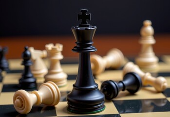 A chess king stands tall and resolute amidst a sea of white pawns on a chessboard, symbolizing leadership and strategy.