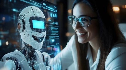 Fototapeta premium A futuristic scene of a smiling woman interacting with a holographic AI. represents artificial intelligence, human-technology interaction, future innovations, and smart digital environments.