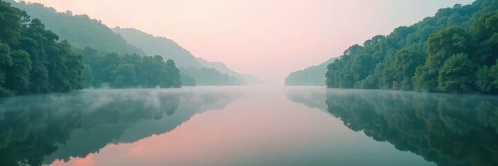 Fototapeta premium Green and pink misty aura surrounds the Missouri lake, peaceful scene, misty atmosphere, atmospheric effects