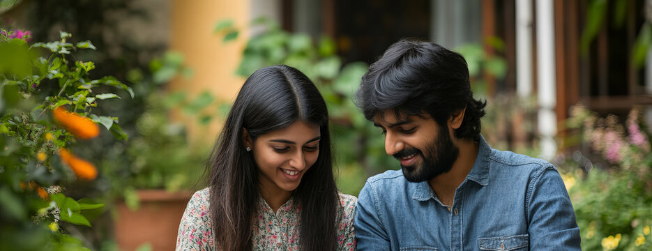 Indian couple exploring biomedical research data in a natural outdoor setting