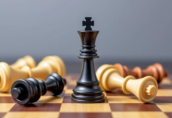 A chess king stands tall and resolute amidst a sea of white pawns on a chessboard, symbolizing leadership and strategy.