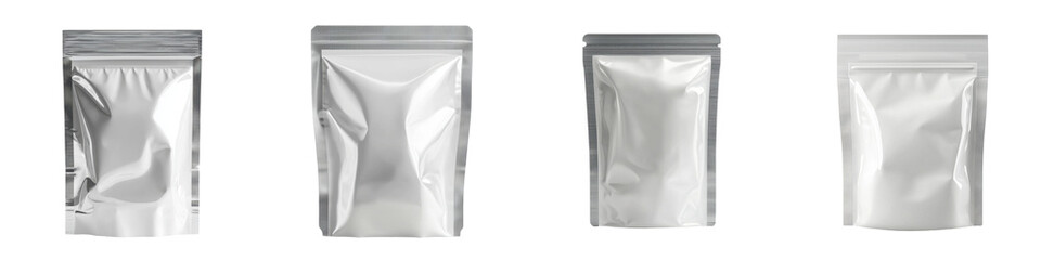 Variety of empty silver mylar bags displayed in a row for packaging use in different sizes and shapes