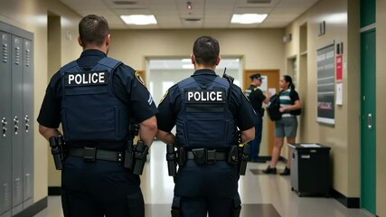 Police, school and security in hallway after shooting, protection and authority with law enforcement, emergency response