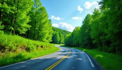 Obraz premium Curving asphalt road disappearing into a vibrant green forest under a clear blue sky , countryside, curve