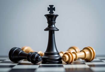 A chess king stands tall and resolute amidst a sea of white pawns on a chessboard, symbolizing leadership and strategy.