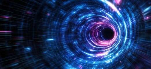 Obraz premium Vortex of Light and Energy, Abstract Representation of Space-Time Continuum, Swirling Colors of Blue, Pink, and Purple, Digital Art, copy space for text