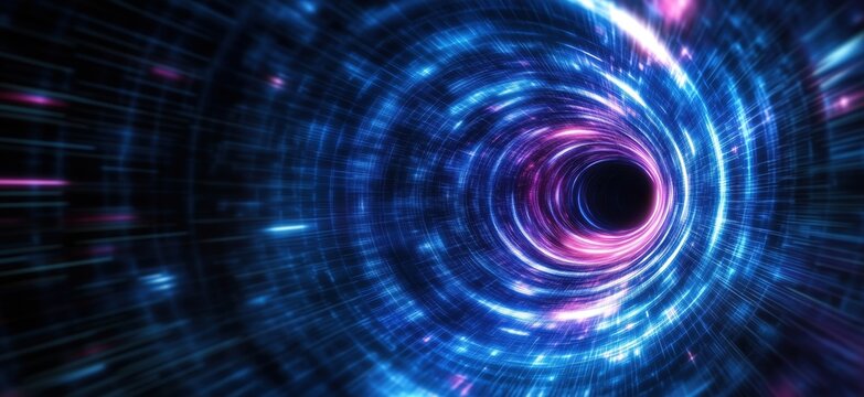 Vortex of Light and Energy, Abstract Representation of Space-Time Continuum, Swirling Colors of Blue, Pink, and Purple, Digital Art, copy space for text - Powered by Adobe
